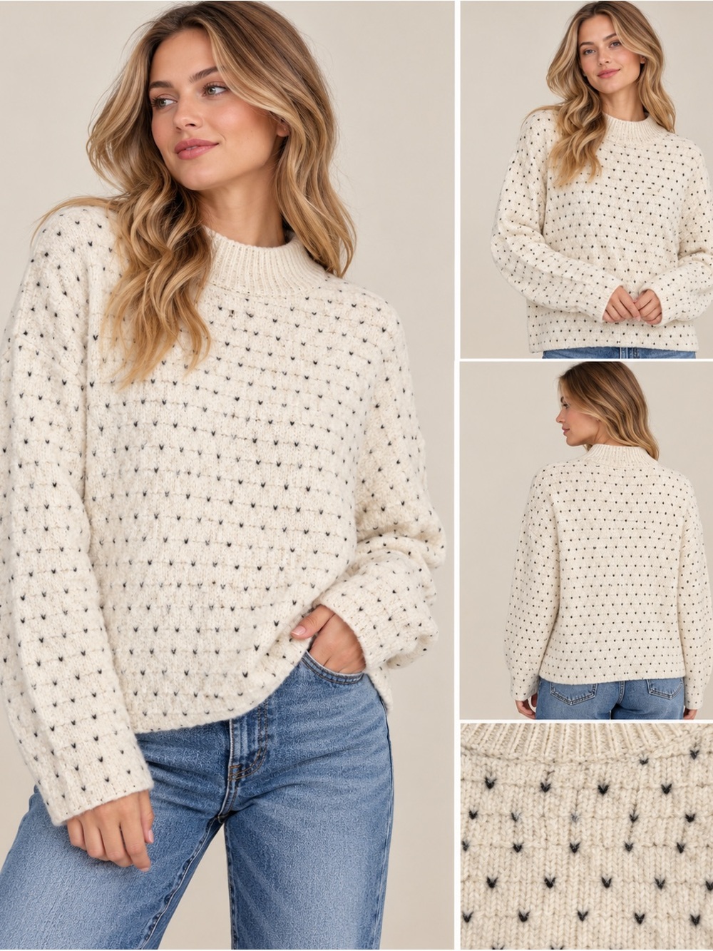 ICHI Cloud Dancer W Black Dot Turtleneck Knit Sweater - Women NWT M